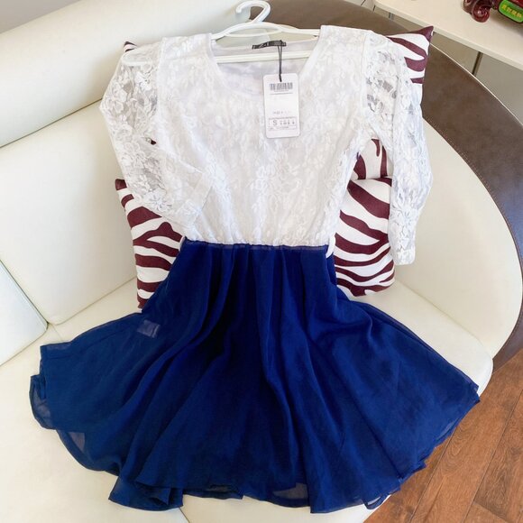 Women's White Navy Lace Chiffon Mini Dress Prom Fit and Flare Dresses - Picture 11 of 11